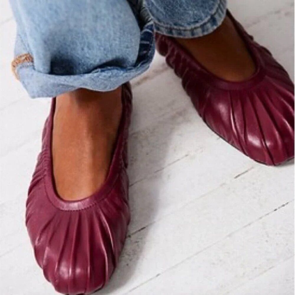 Free People Burgundy Pleated Leather Ballet Flats